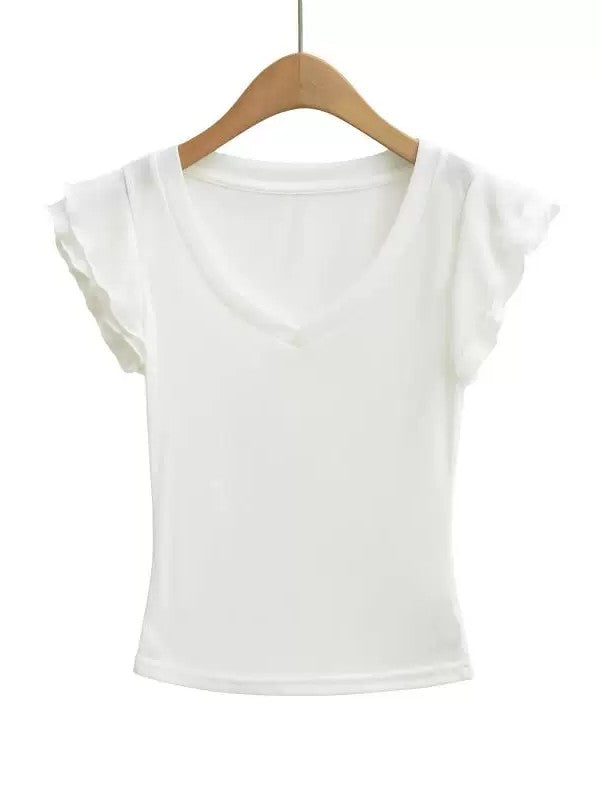フリルスリーブソフトVネックTシャツ