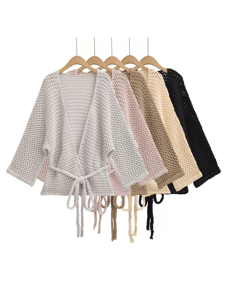 メッシュニットソリッドカラーラップカーディガン