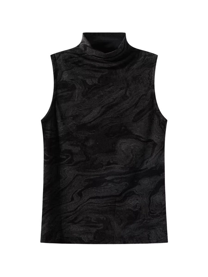 マーブルデザインハイネックスリーブレストップス