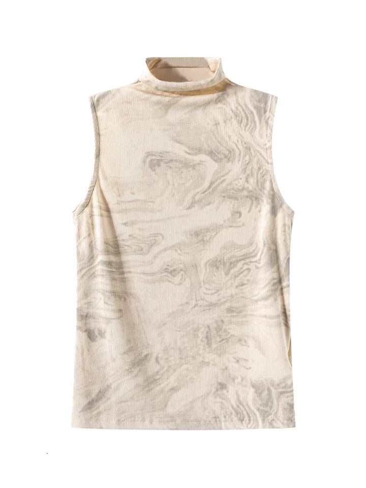 マーブルデザインハイネックスリーブレストップス