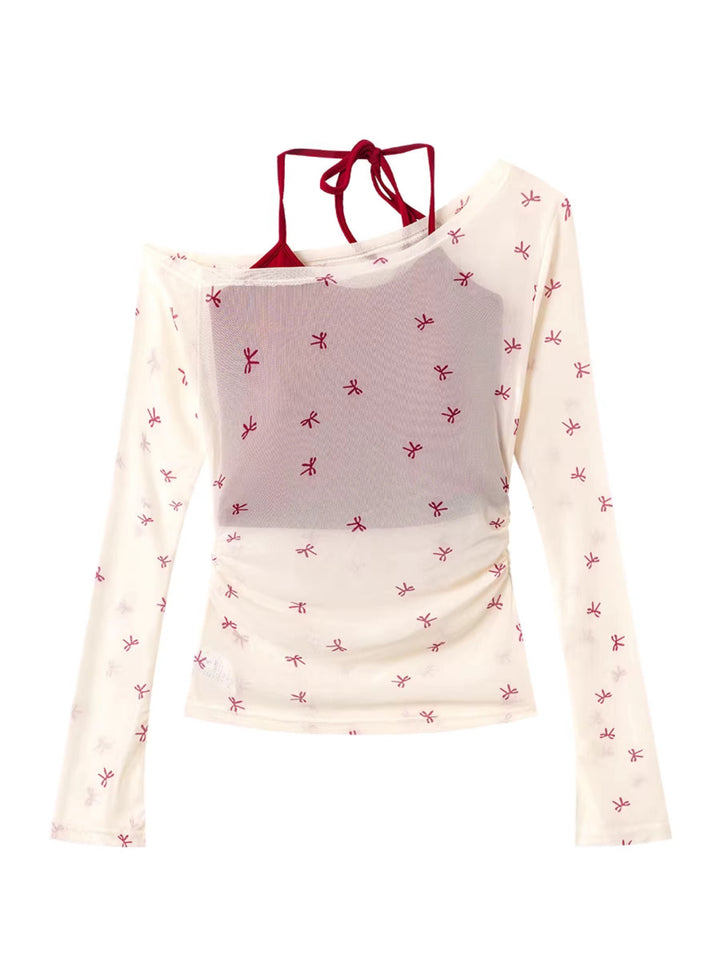 リボン柄シアーメッシュトップスレイヤードセット