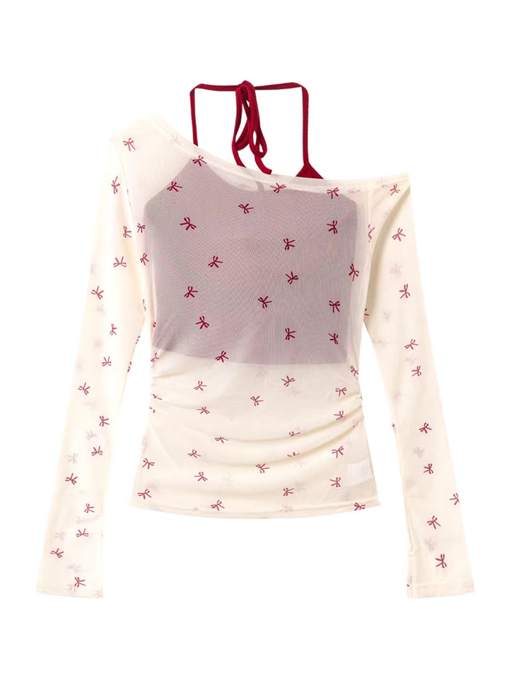 リボン柄シアーメッシュトップスレイヤードセット