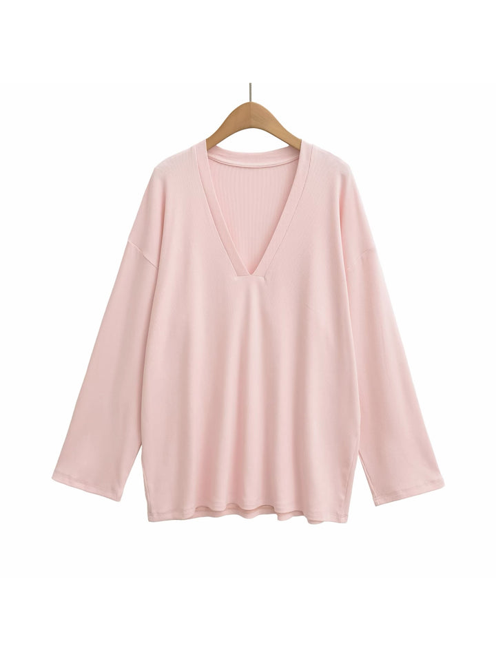 Vネックリラックスリブトップス
