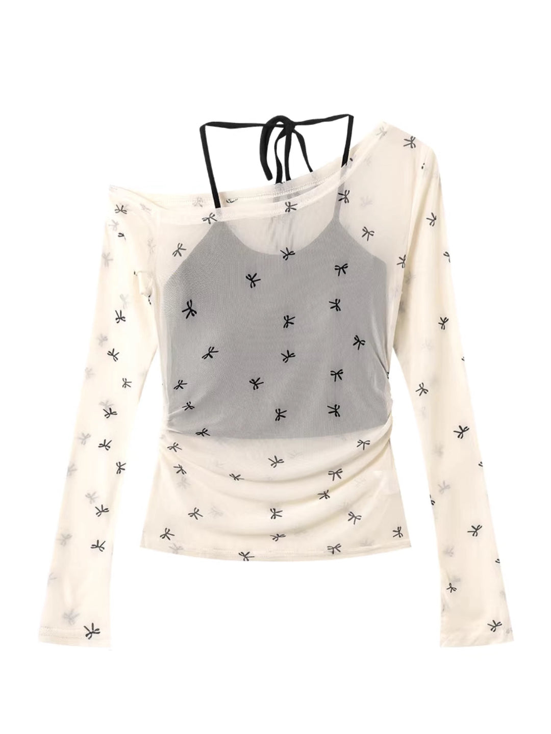 リボン柄シアーメッシュトップスレイヤードセット