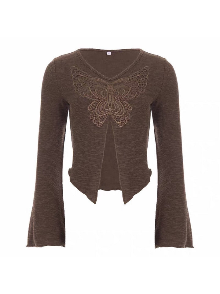 バタフライモチーフレースフレアスリーブトップス