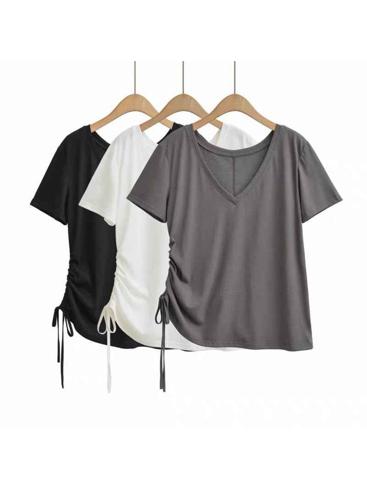 サイドドローストリングディープVネックTシャツ