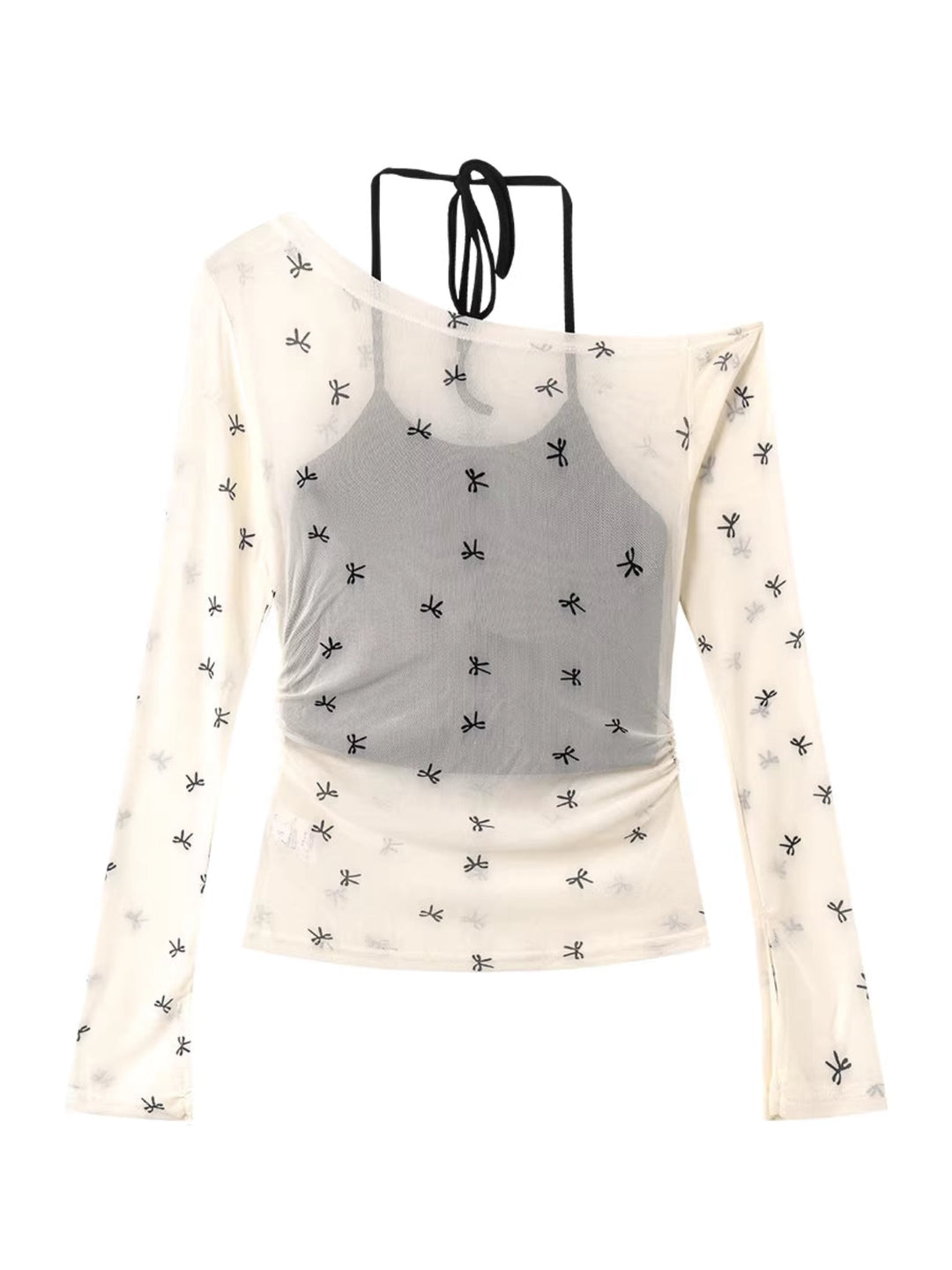 リボン柄シアーメッシュトップスレイヤードセット