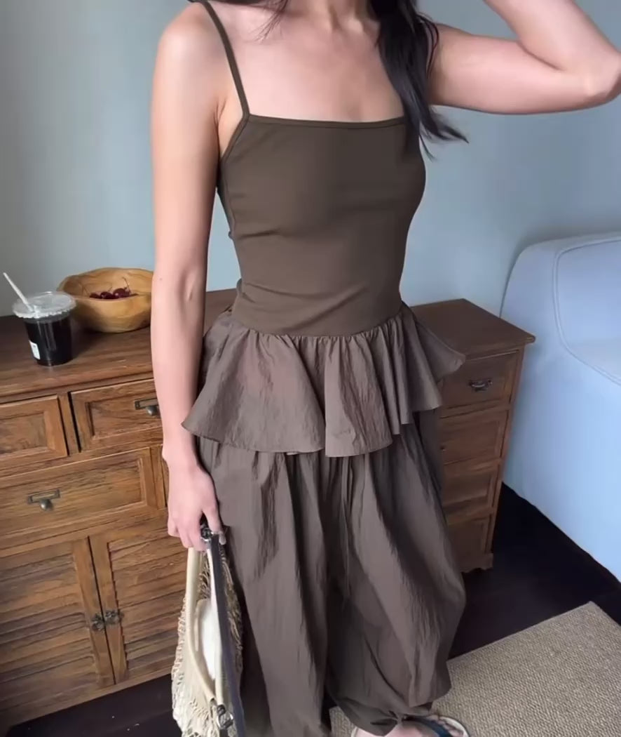 ぺプラムリブ切り替えキャミソールトップス