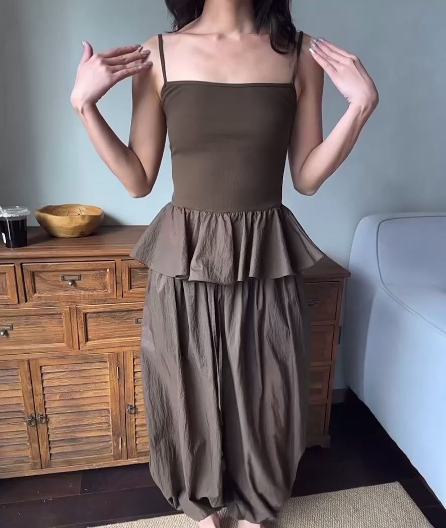 ぺプラムリブ切り替えキャミソールトップス